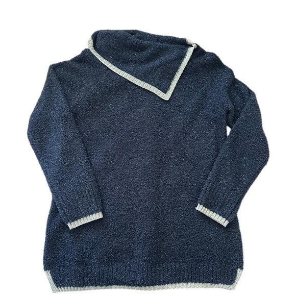 Crown & Ivy Navy Blue Bouclé Knit Sweater w/ Silver Trim – Size M‎ - Picture 1 of 6